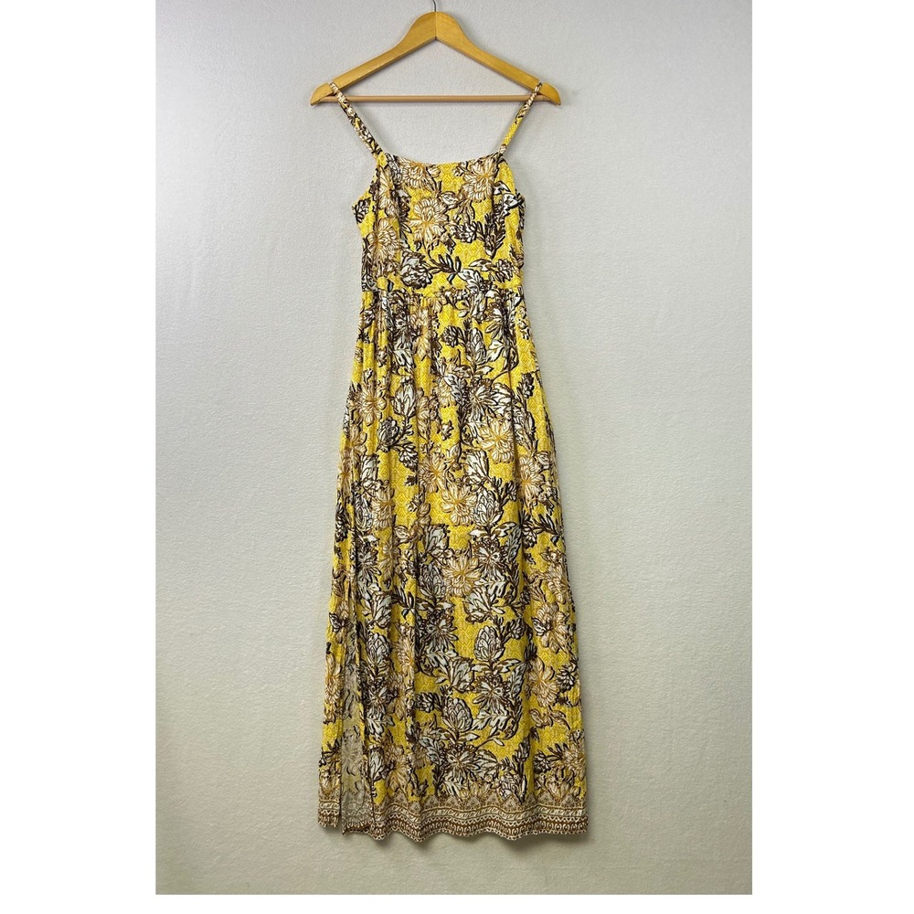 Socialite Yellow Floral Print Maxi Dress Spaghetti Straps Smocked Waist Size S